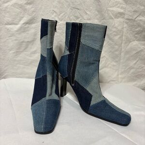 vintage Classified Y2K blue denim patchwork square toe ankle boots.